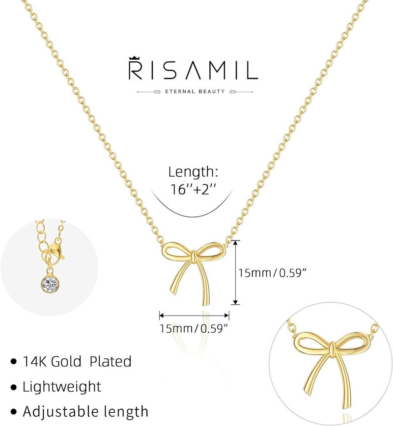Risamil Store 14K Gold Plated Necklace for Women - Bow Necklace - Dainty Necklace Cute Small Tiny Bow Pendant Choker Chain Necklace Trendy Necklaces for Women Jewelry Gift - Image 3
